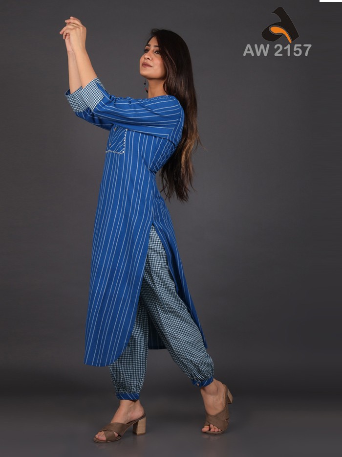 Teal Blue South Cotton Weaved Kurta and Afghan Pant Set