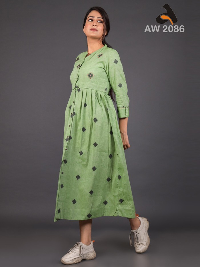 Olive Green South Handloom Cotton Dobby Dress