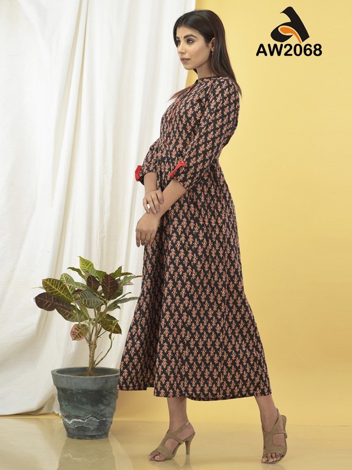 Bagru Printed Long Frock Style Dress with Red Trims