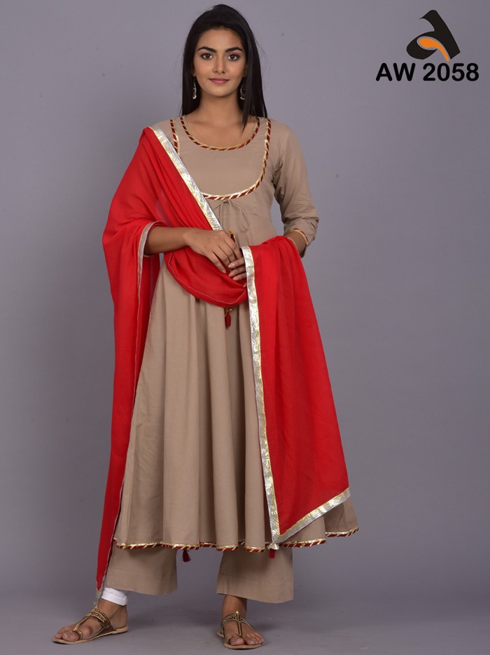 Umbrella Cut Kurta and Straight Pant Set with Mulmul Dupatta