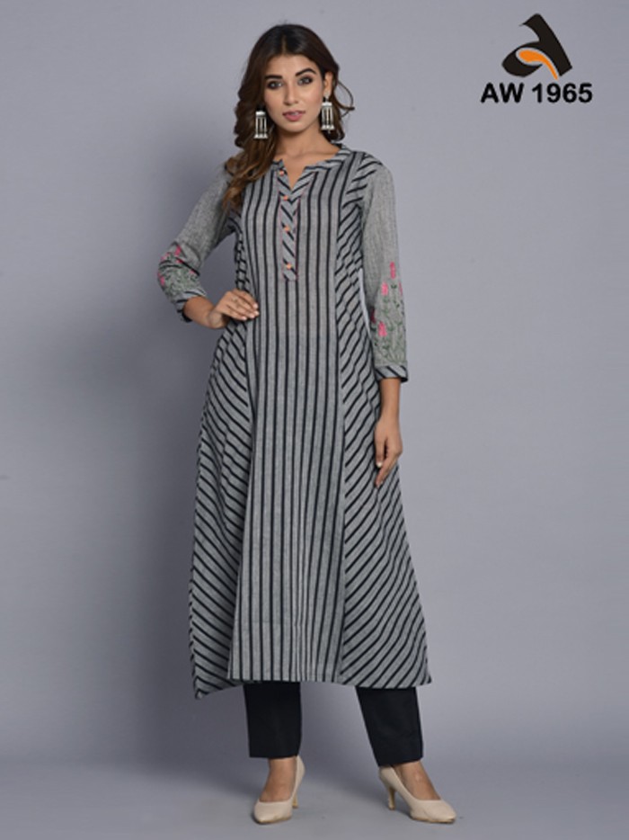 Anchor Grey Floral Embroidered A-Line Cotton Dobby Kurta
