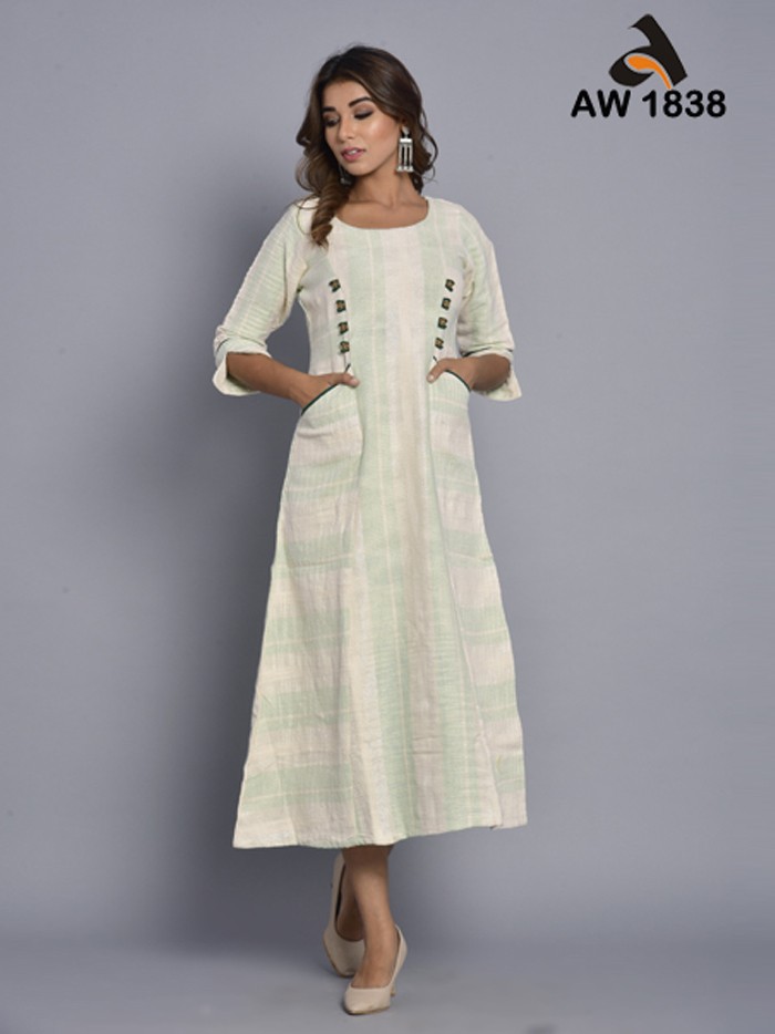 Exclusive Handwoven Tunic Dress in Off White with Mint Green Stripes