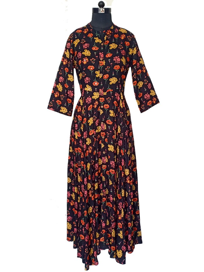 Colorful Floral Print Black Anarkali Dress with Foil Mirror Work
