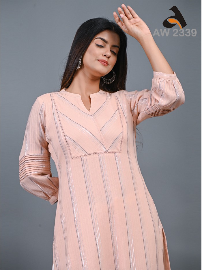 Pastel Pink Cotton Lurex Weaved Kurta