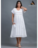 White Handloom Cotton Dress With Blue Stripes