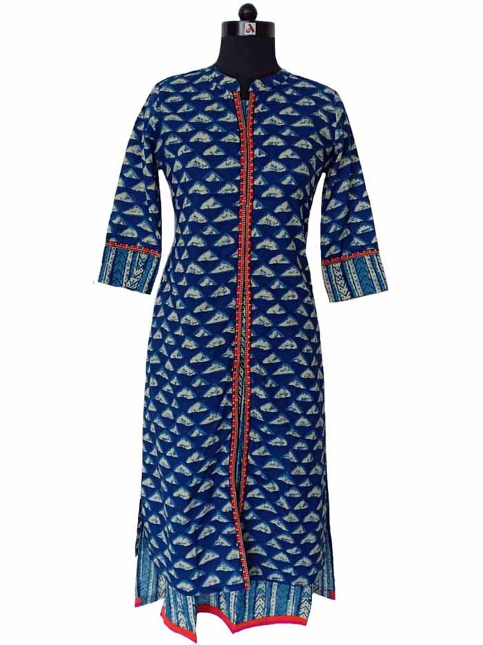 Indigo Blue Cotton 2-Piece Dress with Dabu Print Kurta