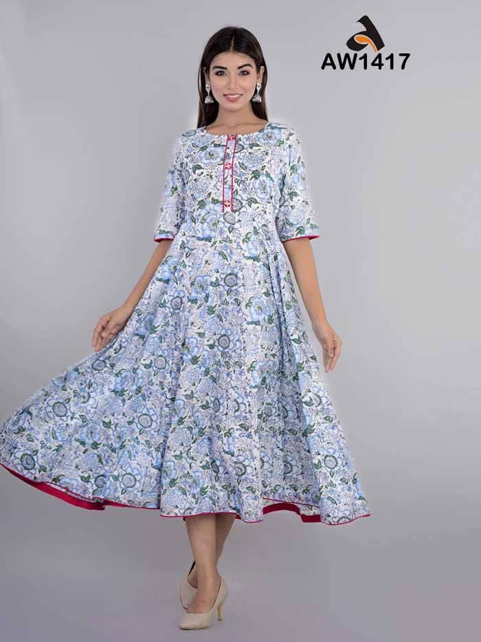 Fuschia Handblock Anarkali Dress