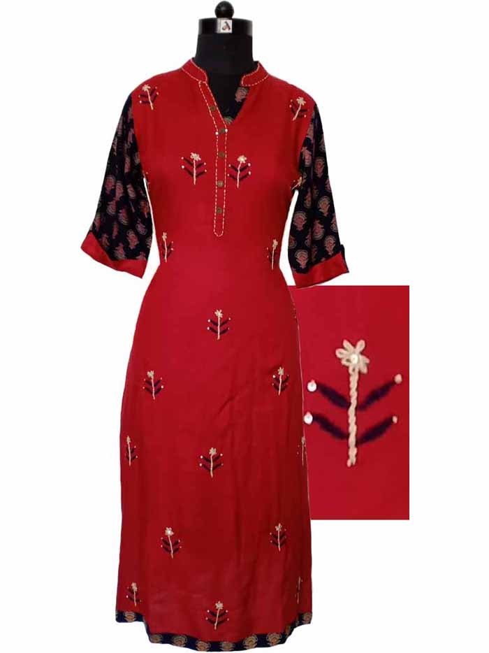 Maroon Rayon Embroidery Kurta