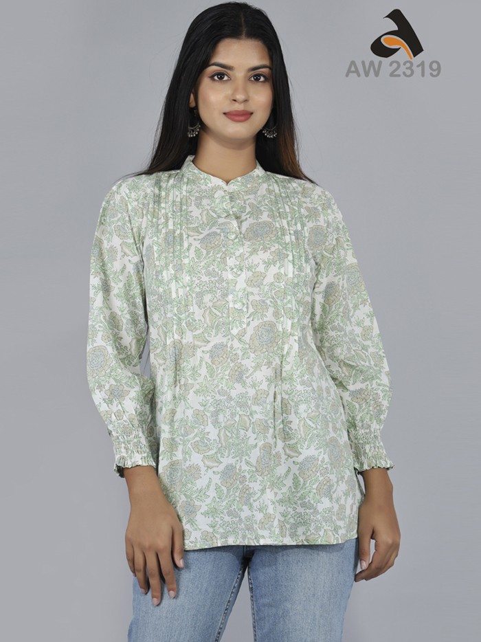Sage Green Floral Pleated Short Top