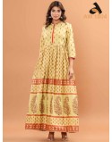Golden Cotton Floor Length Dress with Designer Print