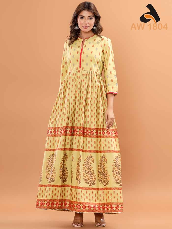 Golden Cotton Floor Length Dress with Designer Print