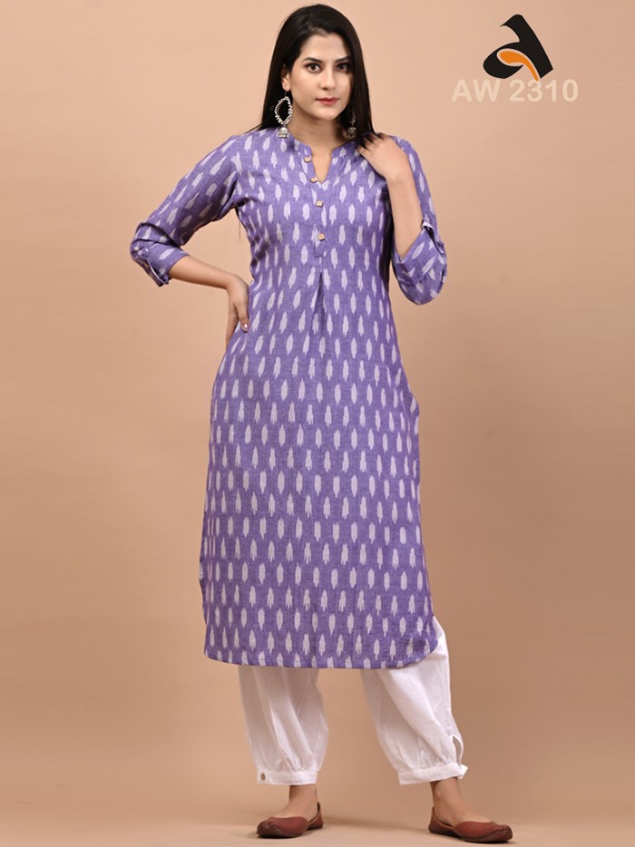 Lavender Purple Cotton Handloom Ikkat Kurta