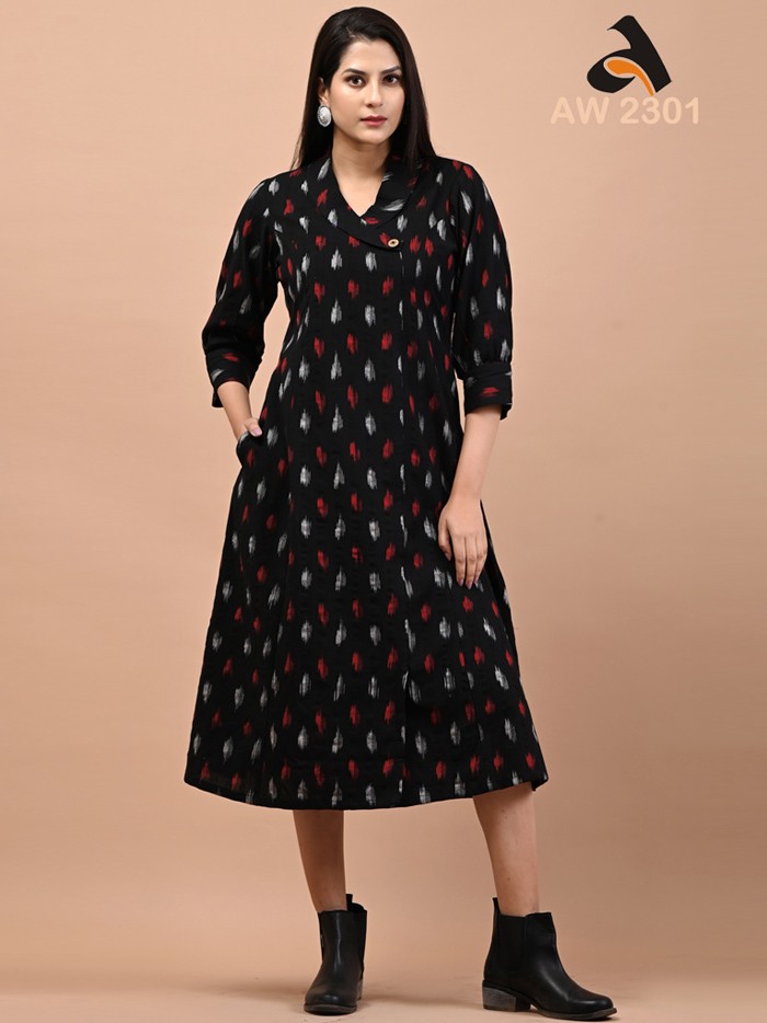 Ebony Black Coat Collar Handloom Ikkat Dress