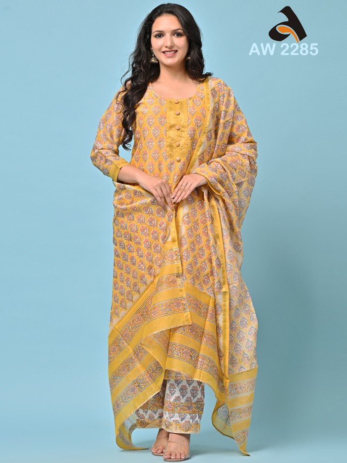 Amber Yellow Maheshwari Chanderi Silk Handblock Full Suit Set