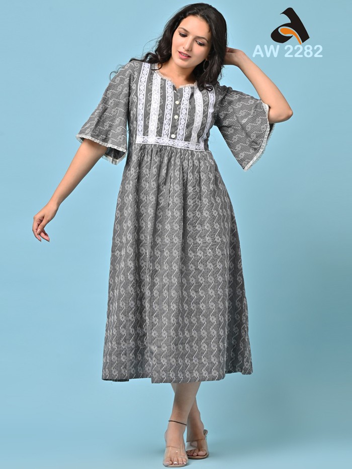 Porpoise Grey Cotton Dobby Stylish Lacy Dress