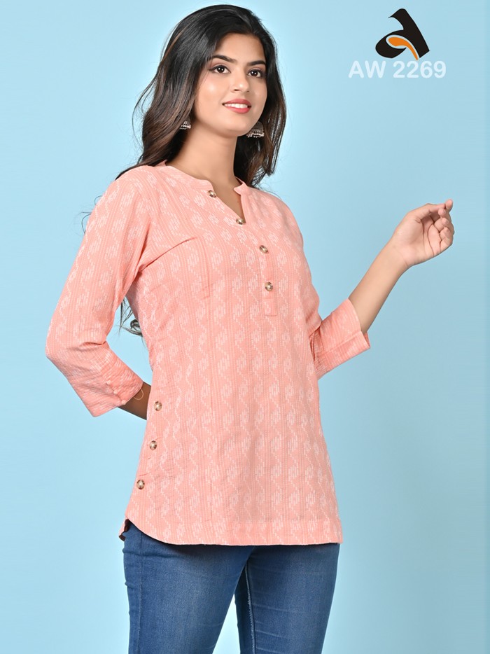 Black & Peach Cotton Dobby Short Top