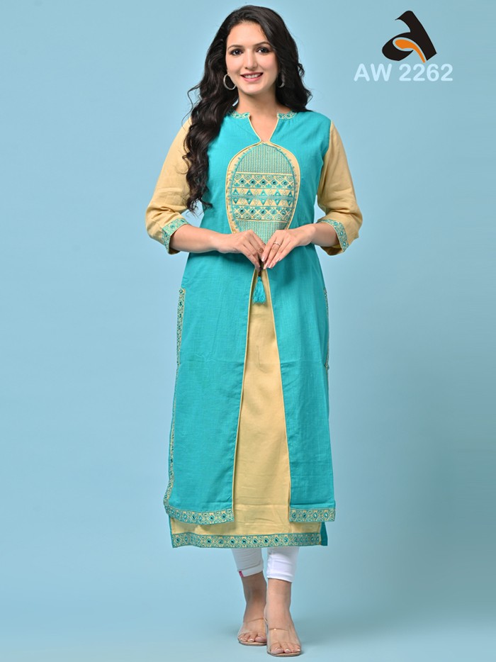 Rama Green Cotton Rayon Double Layer Embroidery Kurta