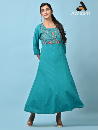 Teal Green Long Embroidered...