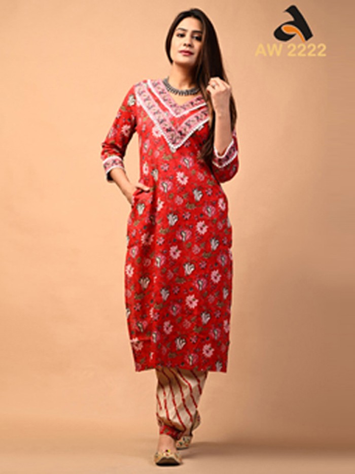 Strawberry Red Cotton Lacy Kurta With Afgani Pants