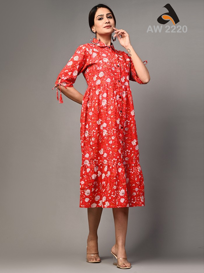 Tomato Red Front Open Cotton Flairy Dress